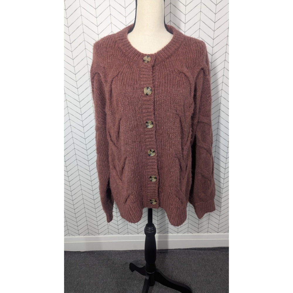 Madewell Cable Ashmont Cardigan Sweater Heather Tulip Wool Blend L